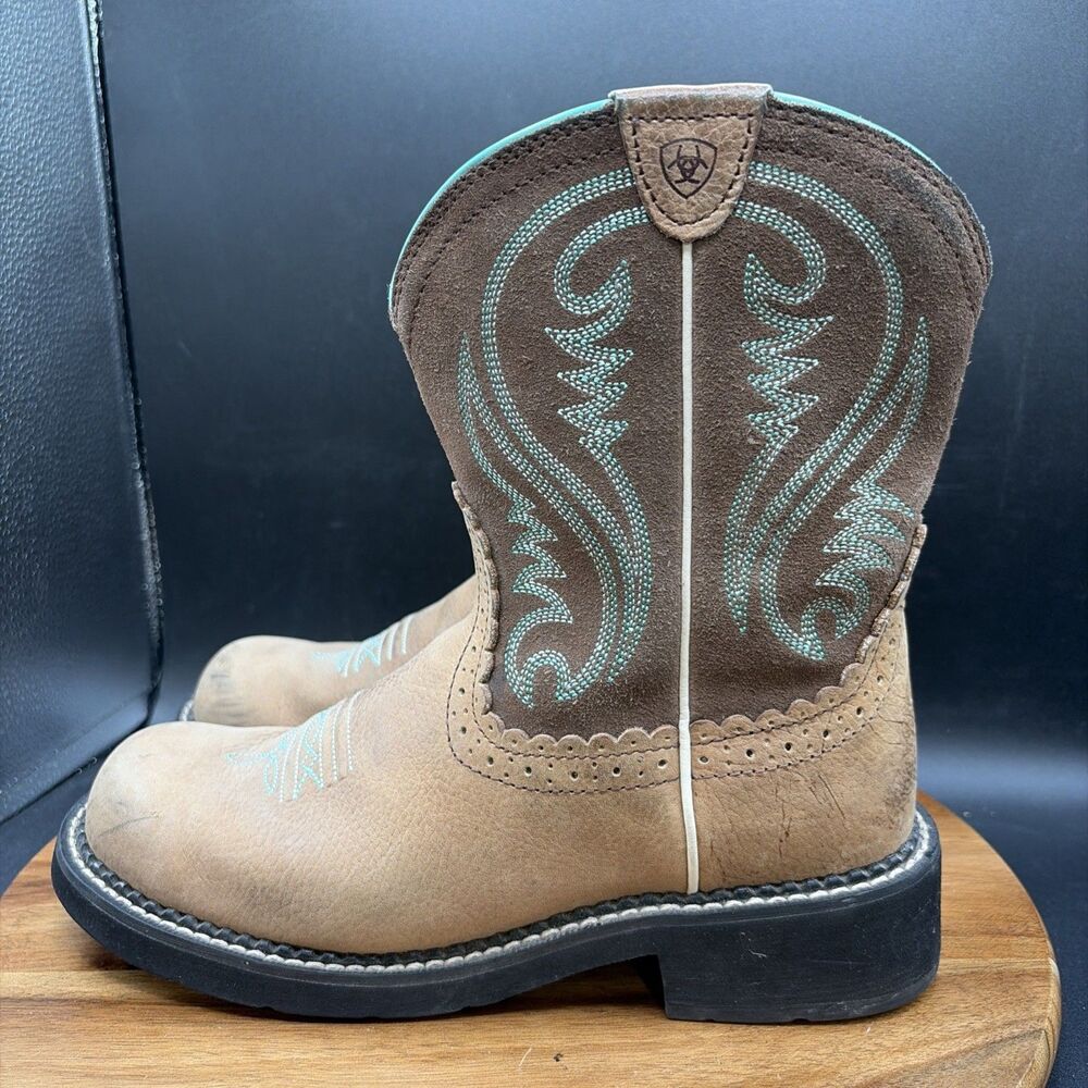 Ariat Tan and Brown Western Ankle Boots with Turquoise Stitching